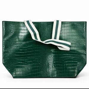Saks Fifth Avenue Crocodile Embossed Faux Leather Green Tote Shoulder Bag Large